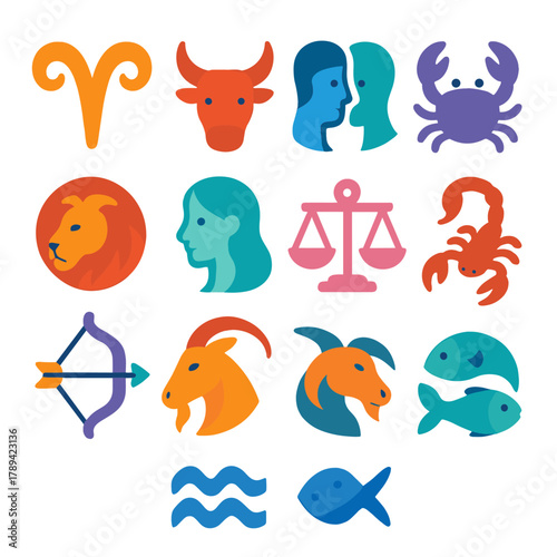Vibrant Zodiac Icons. Zodiac Astrology flat icons: Aries, Taurus, Gemini, Cancer, Leo, Virgo, Libra, Scorpio, Sagittarius, Capricorn, Aquarius, Pisces.