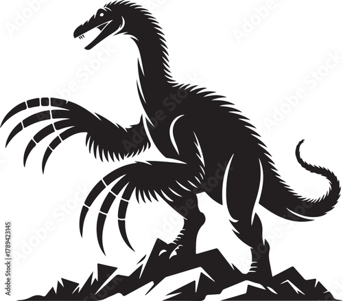 Silhouette of a therizinosaurus dinosaur with long claws on a rocky surface