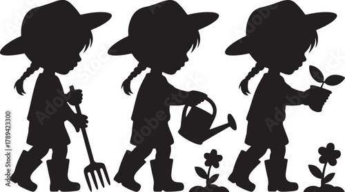 three little girl watering plants in garden vector silhouette.