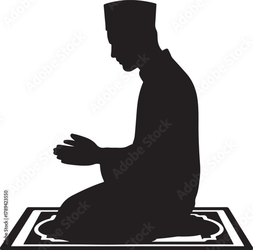 Silhouette of a kneeling man in prayer, wearing a traditional cap, muslim man sitting in tashahhud silhouette vector illustration