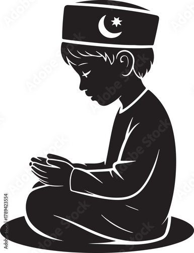 Silhouette icon of a traditionally clothed muslim man performing salah on a prayer