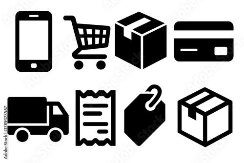 Brutalist Online Shopping Icons. Online Orders Essentials silhouette icon set: smartphone, cart, package, credit card, delivery truck, receipt, tag, box.