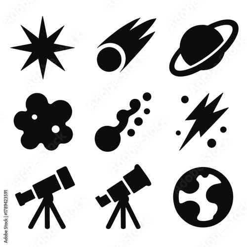 Cosmic Icon Set. Cosmic Radiation silhouette icon set: starburst, comet, orbit ring, cosmic ray, nebula, particle trail, telescope, planet.