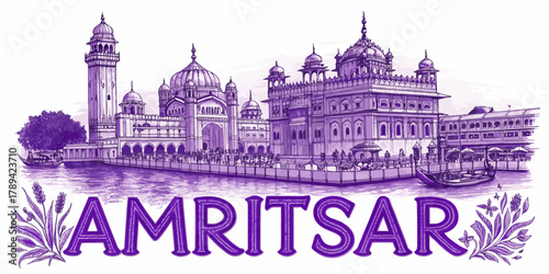 Amritsar Skyline Sketch with Golden Temple, Jallianwala Bagh, Partition Museum and Heritage Street – Cultural Line Art for Tourism Poster, Souvenir, Wall Art, Travel Guide Use