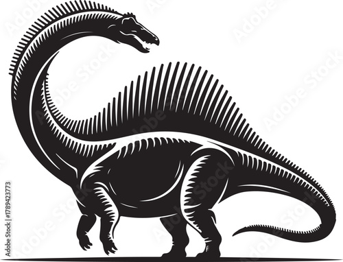 Stylized illustration of a spinosaurus dinosaur with a prominent sail
