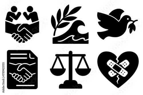 Peace and Resolution Icons. Resolution & Mediation silhouette icon set: handshake after fight, olive branch, peace dove, calm wave, agreement paper, balanced scale, heart repair,
