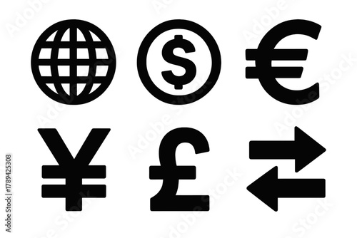 Bold Currency Icons. Global currency silhouette icon set: globe, dollar coin, euro symbol, yen symbol, pound symbol, exchange arrows.