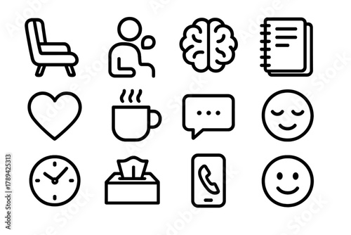 Therapy Session Icons. Psychological Support linear icon set: therapist chair, talking person, brain, notebook, heart, coffee cup, chat bubble, calm face, clock, tissue box, phone,