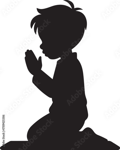 Silhouette icon of a traditionally clothed muslim man performing salah on a prayer rug in front of a mosque