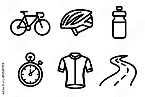 Cycling Icon Set. Road Cycling linear icon set: racing bike, helmet, water bottle, stopwatch, cycling jersey, winding road.