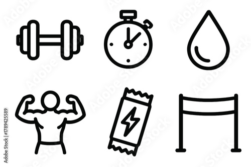 Fitness Icons Collection. Fitness Motivation linear icon set: dumbbell, stopwatch, athlete pose, sweat drop, energy bar, finish line.