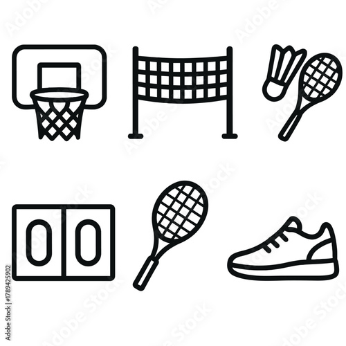 Court Sports Icons. Court Sports linear icon set: basketball hoop, volleyball net, badminton shuttle, tennis racket, scoreboard, sneakers.
