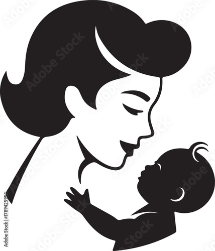 mother and baby stylized vector symbol, mom hugs her child logo template