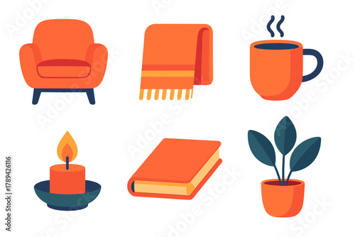 Cozy Evening Essentials. Evening Relaxation flat icons: Armchair, Blanket, Tea Cup, Candle, Book, Plant.