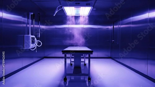 Sterile Medical Examination Room with Empty Examination Table Bathed in Blue Light and Fog with Metal Wall and Floor Ready for Medical Procedures and Doctor Arrival
