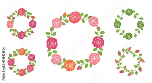 Floral wreaths and arrangements featuring roses in various colors and styles