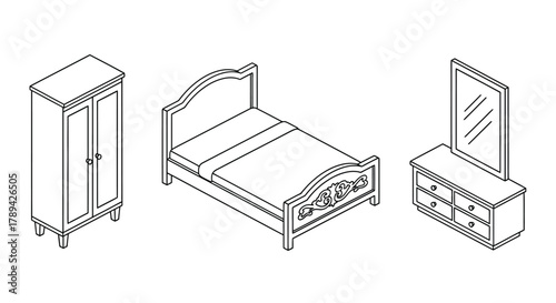 Line art illustration of a bedroom set including bed wardrobe and dresser
