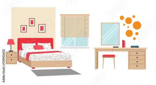 A cozy bedroom interior with a red bed wooden furniture and wall decor
