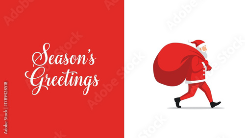 Season's Greetings with Santa Claus delivering gifts in a large sack