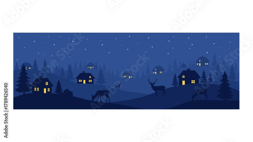 Cozy winter night village landscape with illuminated houses and grazing deer under starry sky
