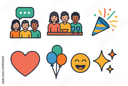 Social Celebration Icons. Social Friends Pack flat icons: group chat, dinner table, drinks, confetti popper, heart, balloon cluster, laughter face, sparkle