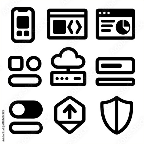 Bold App Development Icons. App Development silhouette icon set: smartphone screen, app window, code brackets, dashboard interface, button icons, cloud server, progress bar, input