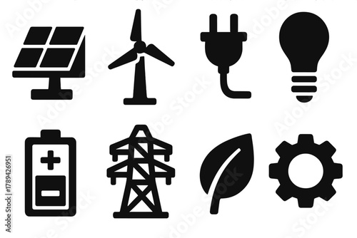 Brutalist Energy Icons. Sustainable Energy silhouette icon set: solar panel, wind turbine, battery, plug, light bulb, power line, leaf, gear.