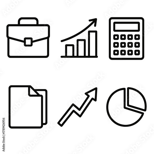 Financial Planning Icons. Business financial planning linear icon set: briefcase, bar chart, calculator, document folder, growth arrow, pie graph.