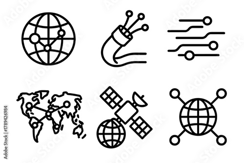 Digital Global Network. Global Connectivity linear icon set: network globe, fiber optic cable, data transfer lines, world map network, communication satellite, online connection