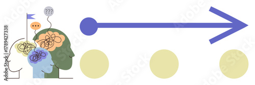 Human heads with symbols of confusion and clear direction, large arrow symbolizing focus and progress. Ideal for problem-solving, focus, clarity, goal setting, mental health, decision-making