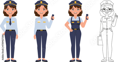 Cartoon female police officer, vector illustration, uniform variations, character design, law enforcement, stock image, formal outfit, casual pose, badge, coloring