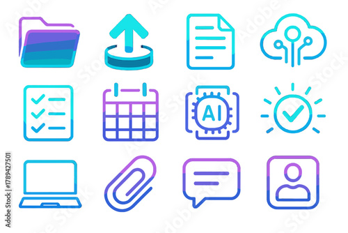 Futuristic Icon Set. Futuristic Homework Submission silhouette icon set: holographic folder, glowing upload arrow, neon document, cyber cloud, digital checklist, hologram calendar,