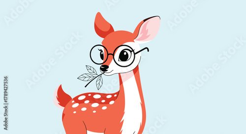 Cute cartoon deer wearing glasses and holding a leaf branch in its mouth, on a light blue background.