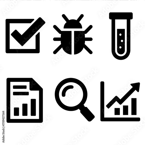Bold Vector Icons. Testing silhouette icon set: checkmark icon, bug symbol, test tube, report document, magnifying glass, performance chart.