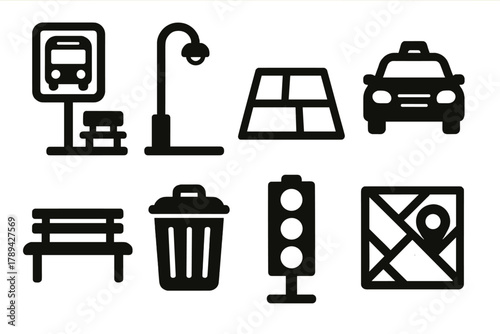 Urban Iconography Set. Urban Roadside silhouette icon set: bus stop, streetlight, sidewalk, taxi, bench, trash can, traffic signal, city map.
