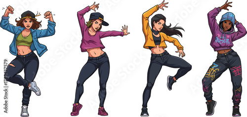 Cartoon girls dancing hip-hop, vector illustration, streetwear fashion, graffiti style, character design, stock image, dynamic pose, rhythm, energy, fun