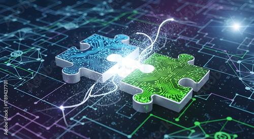 Digital representation of API integration concept with two interlocking puzzle pieces against a futuristic tech-inspired abstract background symbolizing connectivity and interoperability 66237609 1