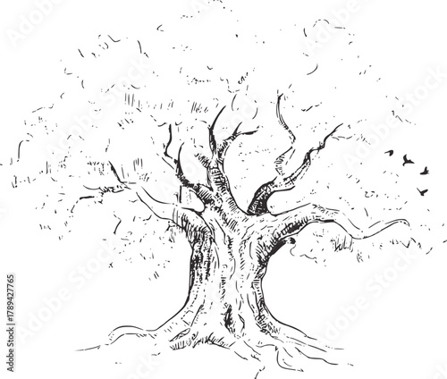 Ancient gnarled tree with flying birds branches trunk
