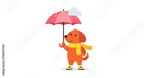 Cute orange dog wearing a yellow scarf and boots holding a pink umbrella during a rain shower.