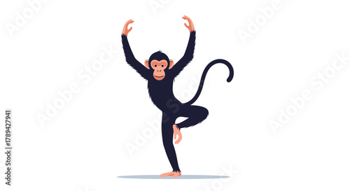 A playful black monkey balances on one leg with arms raised in a dynamic pose.