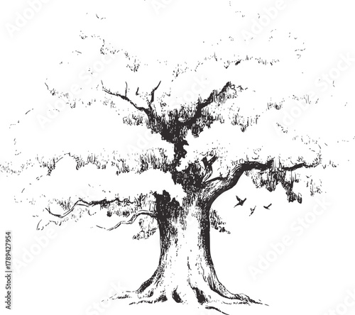 Ancient oak tree with flying birds large branches
