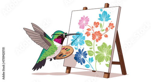 Hummingbird wearing glasses painting colorful flowers on an easel with a palette.