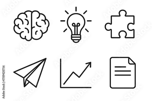 Innovation Icon Set. Innovation incubator linear icon set: brain, bulb, puzzle piece, paper plane, chart line, document.