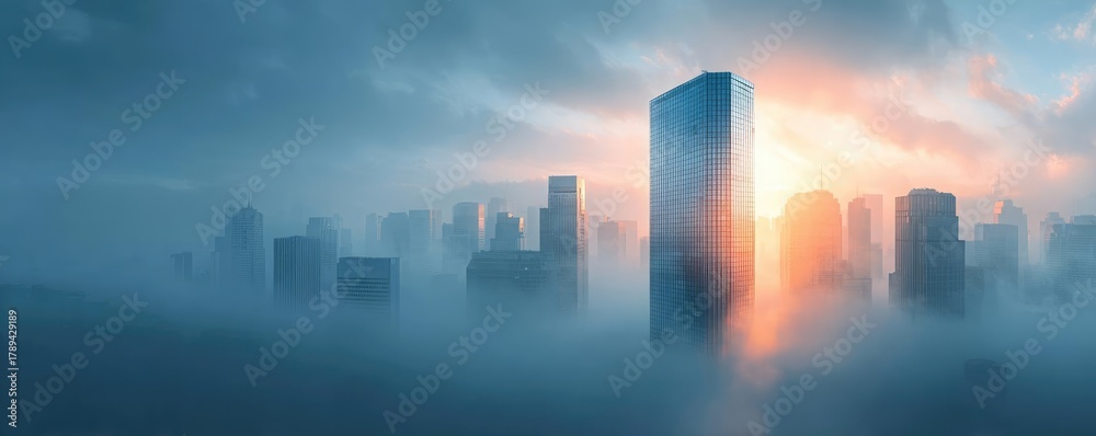 Fototapeta premium Impressive urban skyscrapers reaching into the sky concept. A foggy skyline at dawn showcasing modern skyscrapers and light.