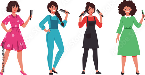 Cartoon women hairdressers, vector illustration, hairstyling tools, fashion outfits, character design, stock image, salon theme, beauty, stylist, diversity, pose