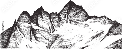 Jagged mountain peaks black and white sketch mountains