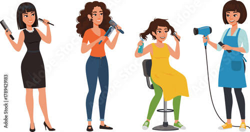 Cartoon women hairstylists, vector illustration, salon activity, hair tools, character design, stock image, beauty theme, styling pose, fashion, diversity