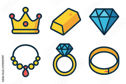 Luxury Icons Set. Luxury Items flat icons: Crown, Gold Bar, Gem, Necklace, Ring, Bracelet.