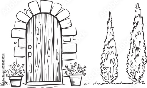 Rustic wooden door stone arch potted plants cypress trees