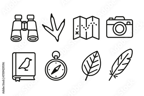 Birdwatcher's Kit Icons. Avian Explorer Set linear icon set: binoculars, bird print, map, camera, logbook, compass, leaf, feather.
